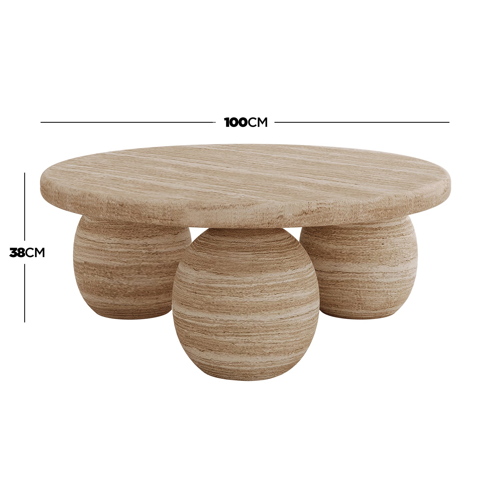 Alessia 100cm Round Concrete Coffee Table Beige with a circular top and three spherical legs, showcasing a sculptural design in light-wood appearance, 100cm diameter, 38cm height.