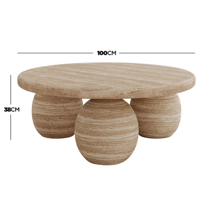 Alessia 100cm Round Concrete Coffee Table Beige with a circular top and three spherical legs, showcasing a sculptural design in light-wood appearance, 100cm diameter, 38cm height.