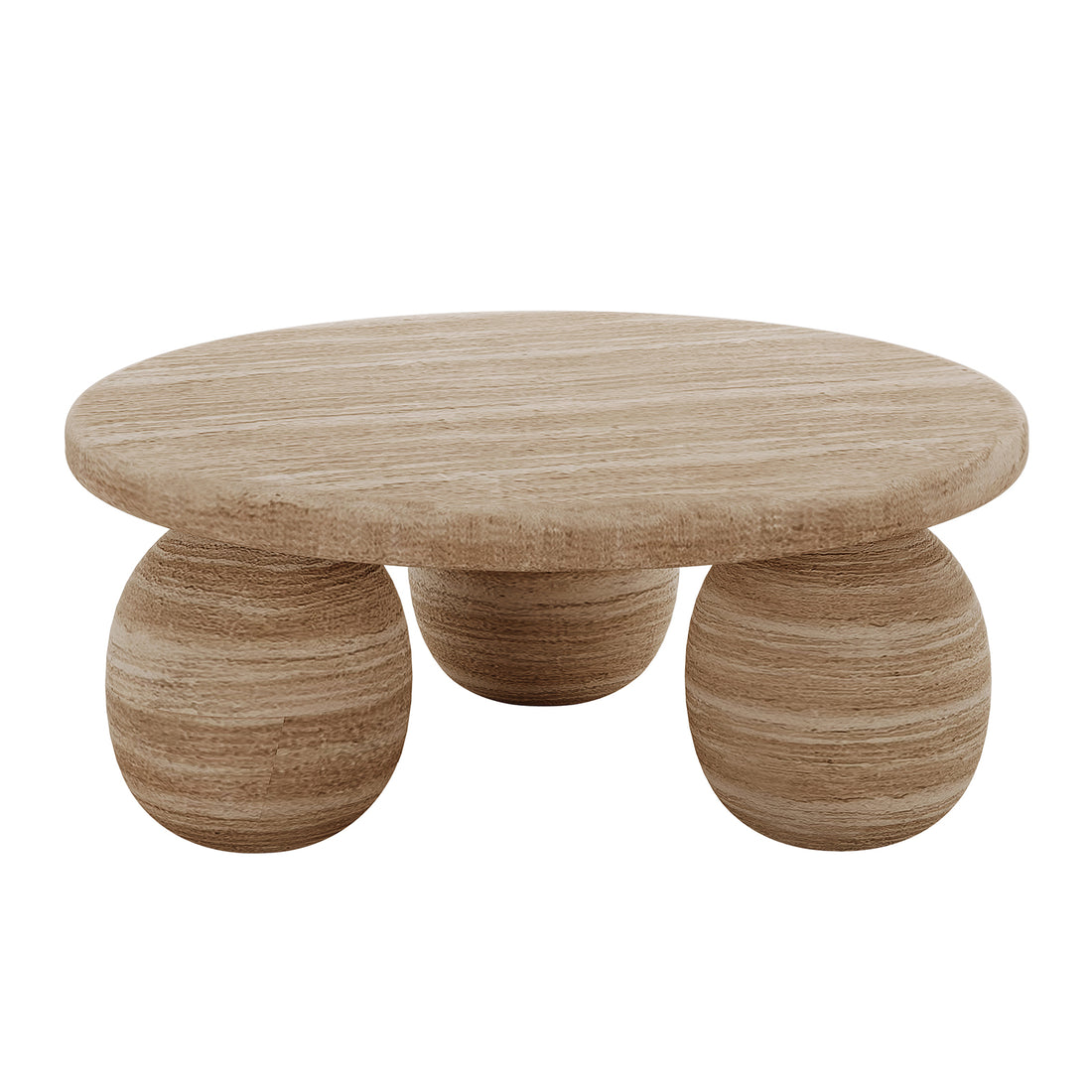 Alessia 100cm Round Concrete Coffee Table Beige with a smooth circular top and three bold sphere-shaped bases, crafted from light-toned wood, showcasing modern style and artistic charm against a minimalist setting.