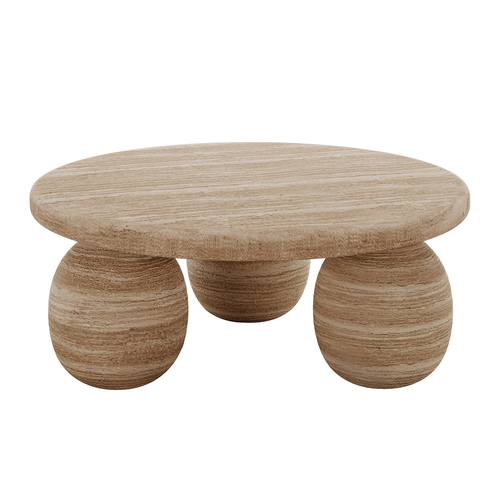 Alessia 100cm Round Concrete Coffee Table Beige with a smooth circular top and three bold sphere-shaped bases, crafted from light-toned wood, showcasing modern style and artistic charm against a minimalist setting.