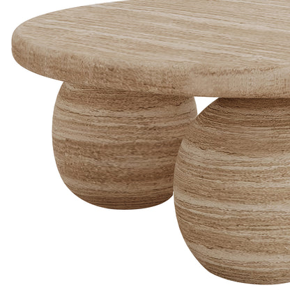 The image features the Alessia 100cm Round Concrete Coffee Table Beige with a smooth, round tabletop on two stout, bulb-shaped pedestal legs, showcasing its modern, artistic design.