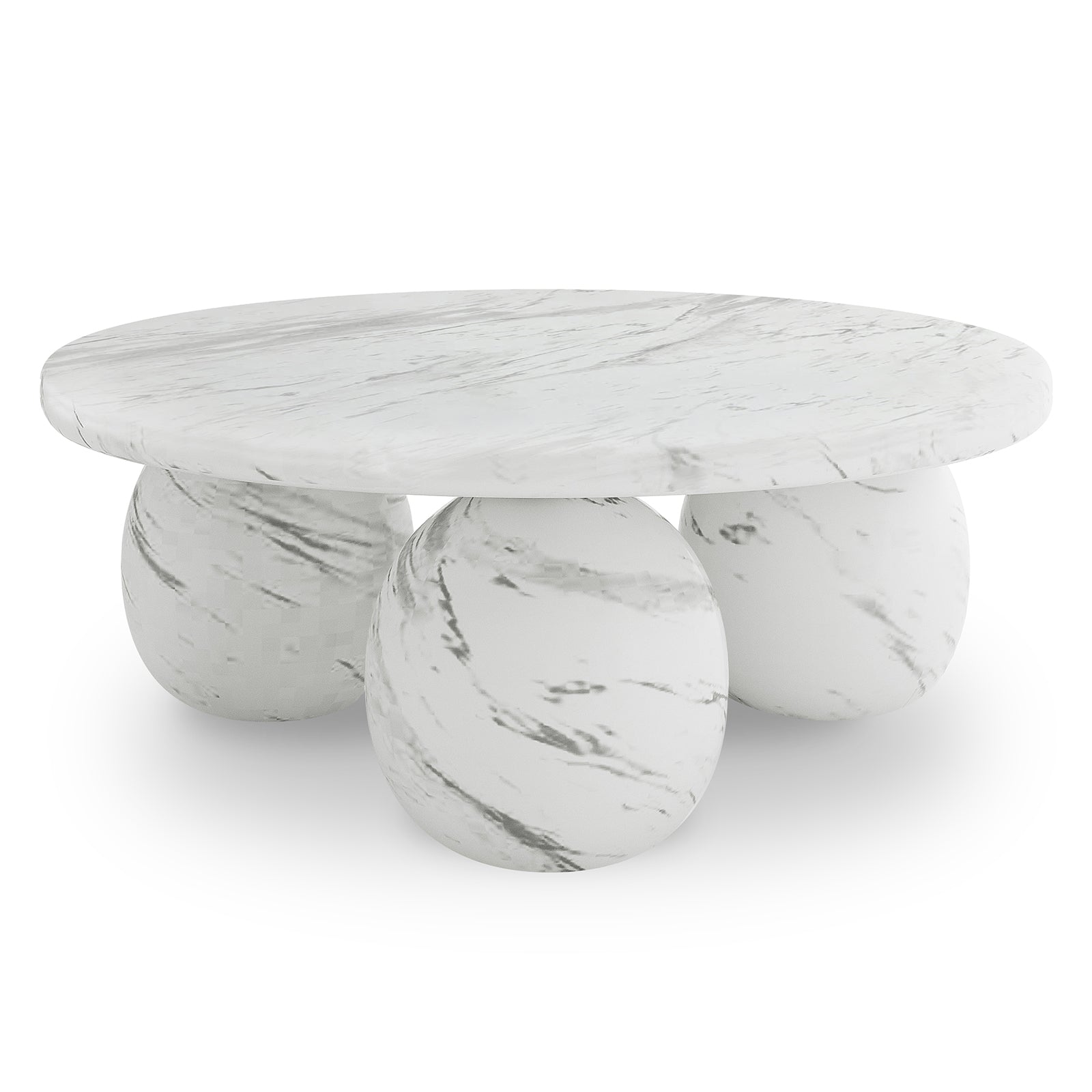 Alessia 100cm Round Concrete Coffee Table White Marble with a circular top and three spherical bases, showcasing a modern design crafted from durable concrete for a stylish and functional living room centerpiece.