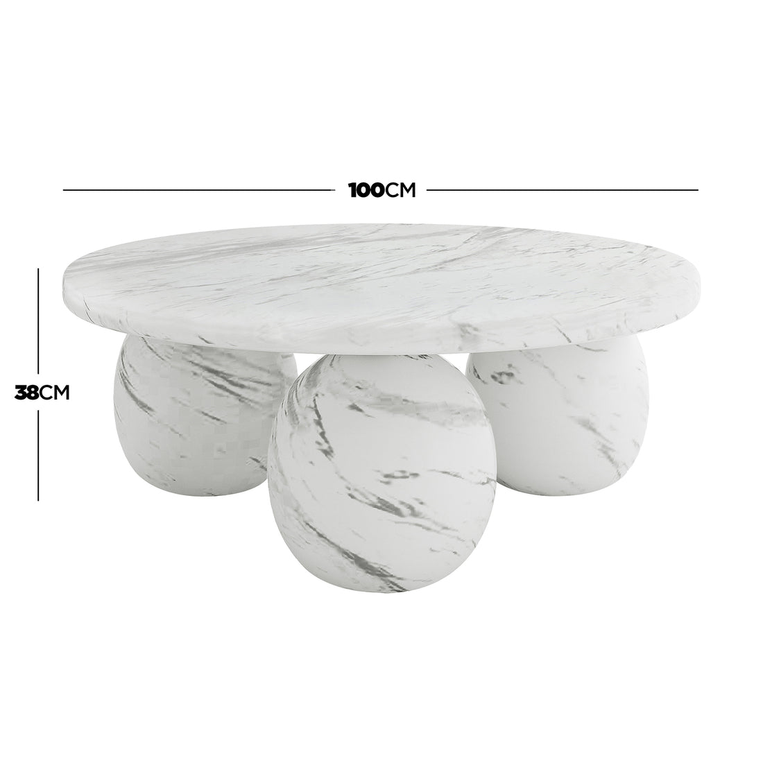 Alessia 100cm Round Concrete Coffee Table in white marble finish, featuring a round tabletop supported by four large spherical legs, showcasing a sculptural and modern design.