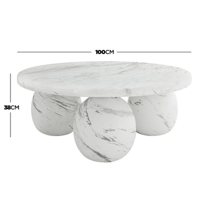 Alessia 100cm Round Concrete Coffee Table in white marble finish, featuring a round tabletop supported by four large spherical legs, showcasing a sculptural and modern design.