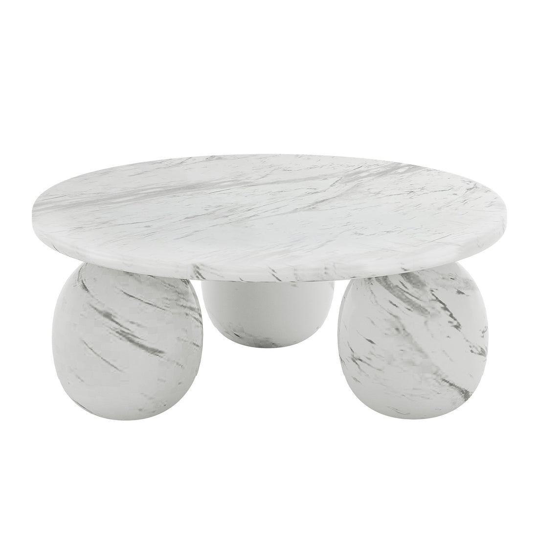 Alessia 100cm Round Concrete Coffee Table White Marble with a smooth circular top and three sphere-shaped legs, showcasing modern artistic charm and durability in a minimalist design.