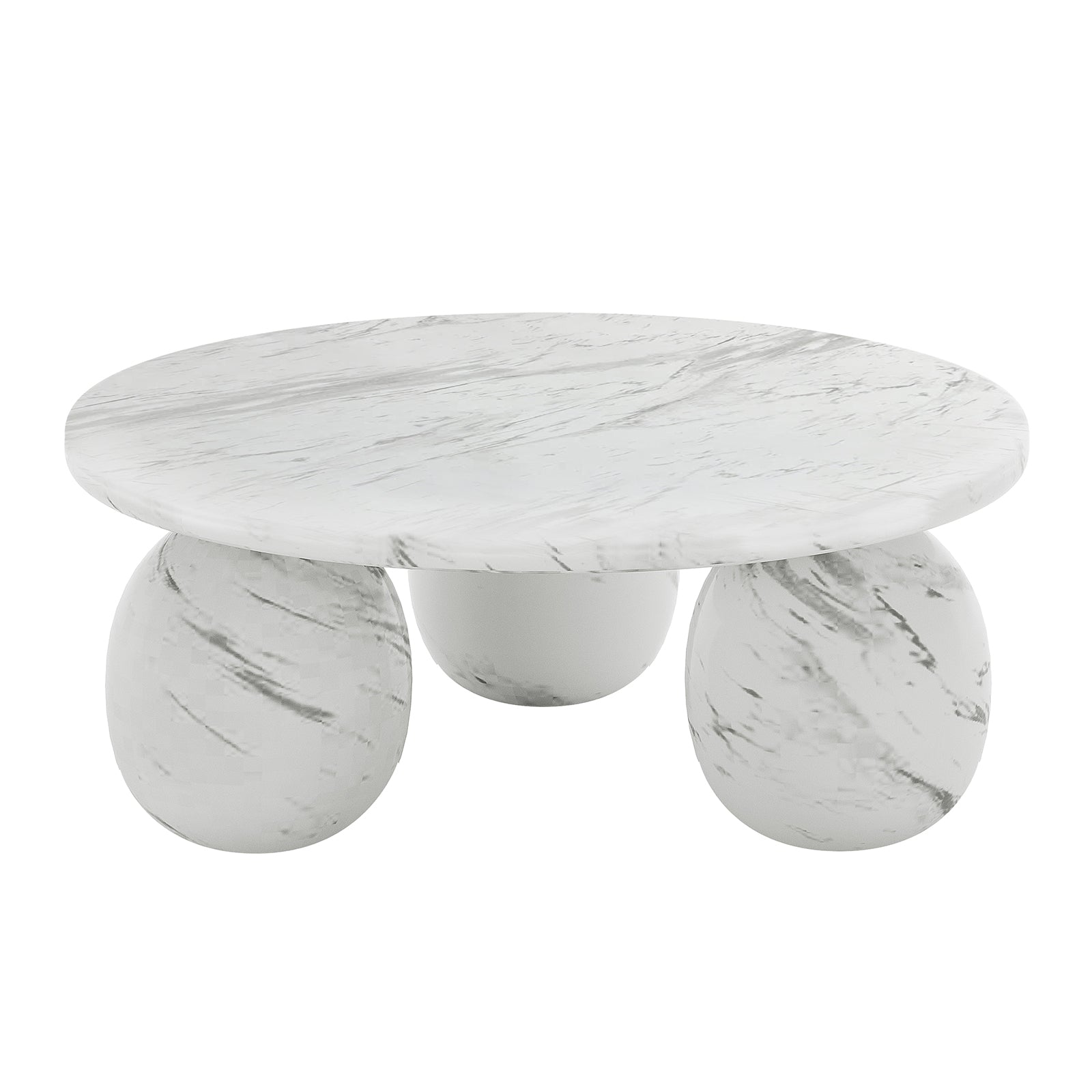 Alessia 100cm Round Concrete Coffee Table White Marble with a smooth circular top and three sphere-shaped legs, showcasing modern artistic charm and durability in a minimalist design.