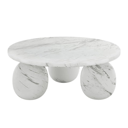 Alessia 100cm Round Concrete Coffee Table White Marble with a smooth circular top and three sphere-shaped legs, showcasing modern artistic charm and durability in a minimalist design.