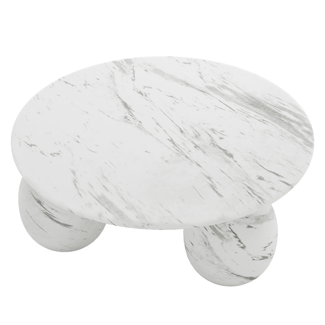 Alessia 100cm Round Concrete Coffee Table White Marble with a smooth round top on three marble sphere-shaped legs, showcasing modern design and artistic elegance for your living room.
