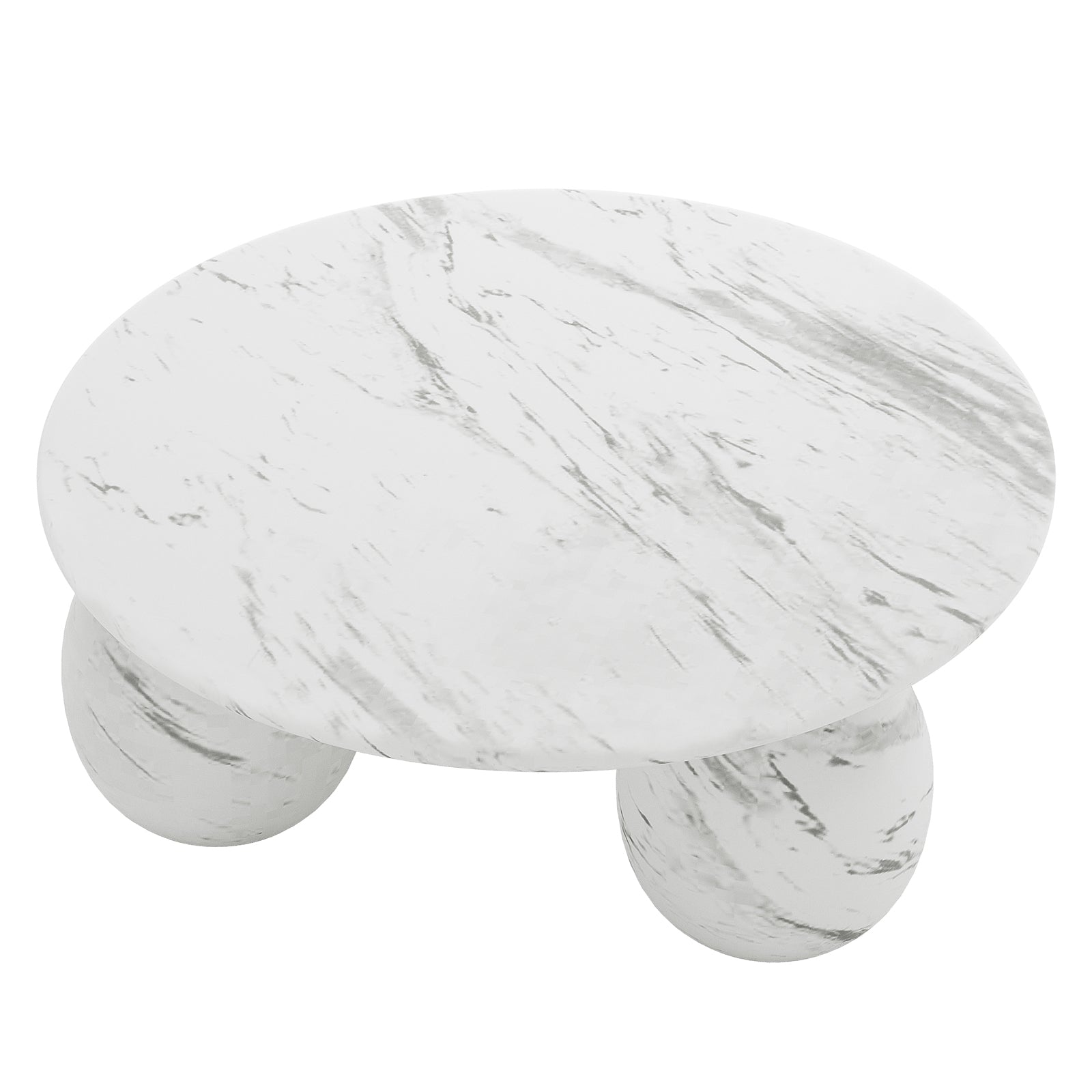Alessia 100cm Round Concrete Coffee Table White Marble with a smooth round top on three marble sphere-shaped legs, showcasing modern design and artistic elegance for your living room.