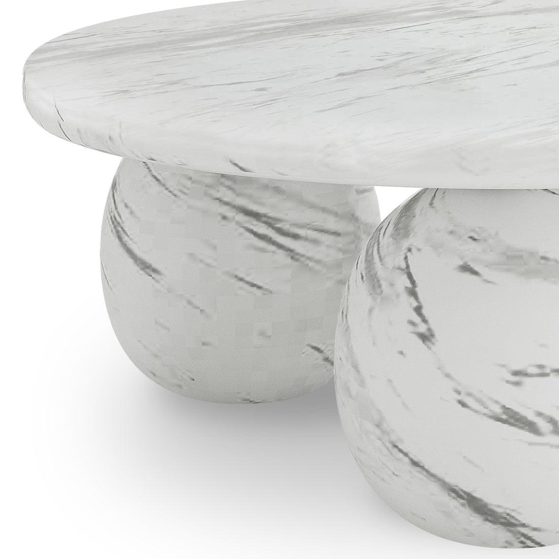 Alessia 100cm Round Concrete Coffee Table White Marble features a circular marble top on three rounded marble supports, showcasing modern elegance and artistic design as a stylish living room centerpiece.