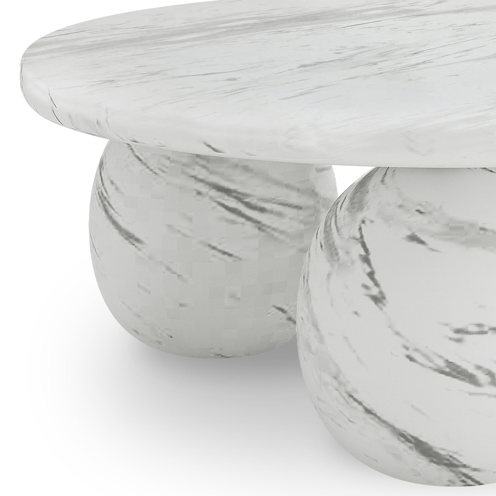Alessia 100cm Round Concrete Coffee Table White Marble features a circular marble top on three rounded marble supports, showcasing modern elegance and artistic design as a stylish living room centerpiece.