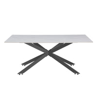 Alfred 180cm Modern Pedestal Dining Table - White Marble features a sleek white marble-look top with a spider-like black metal base, ideal for seating six, blending modernity and elegance.