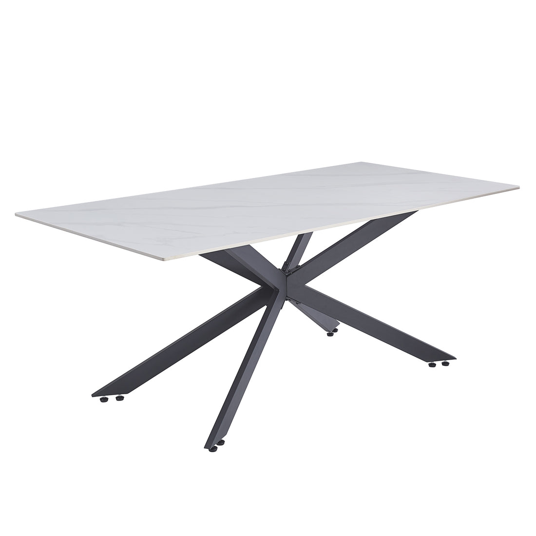 Alfred 180cm Modern Pedestal Dining Table - White Marble features a smooth marble-effect top and geometric black metal base, offering a sleek and spacious design ideal for dining or workspaces.