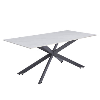 Alfred 180cm Modern Pedestal Dining Table - White Marble features a smooth marble-effect top and geometric black metal base, offering a sleek and spacious design ideal for dining or workspaces.