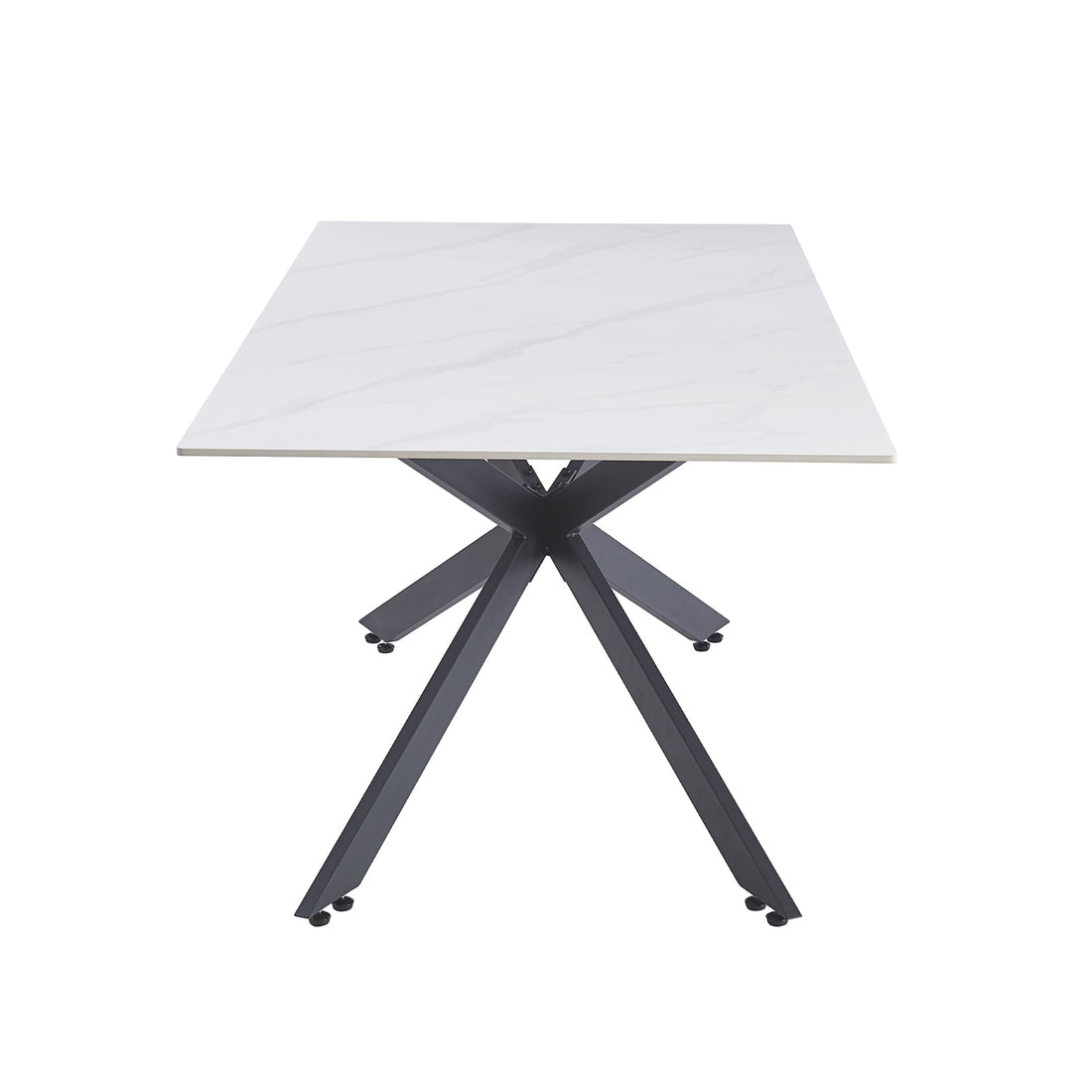 Alfred 180cm Modern Pedestal Dining Table features a square white marble-look top and sleek dark metal X-style base with angled legs, embodying a sophisticated café-style elegance.