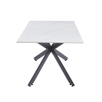 Alfred 180cm Modern Pedestal Dining Table features a square white marble-look top and sleek dark metal X-style base with angled legs, embodying a sophisticated café-style elegance.