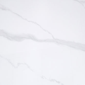 Alfred 180cm Modern Pedestal Dining Table features a sleek white marble-look top with subtle gray veins and a modern black pedestal base, offering elegance and ample legroom for six.