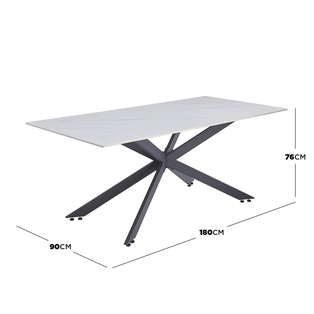 Alfred 180cm Modern Pedestal Dining Table - White Marble features a light-colored marble-effect top and a sculptural black steel base, offering stylish elegance and ample legroom for six people.