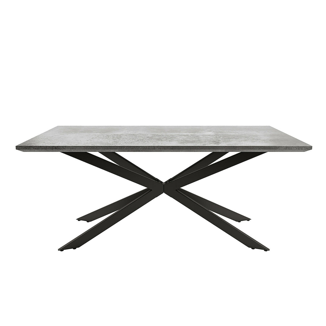 Alfred 180cm 6 Seater Pedestal Dining Table in Concrete features a sleek, rectangular tabletop on a striking black metal spider-leg base, embodying a modern, industrial aesthetic.