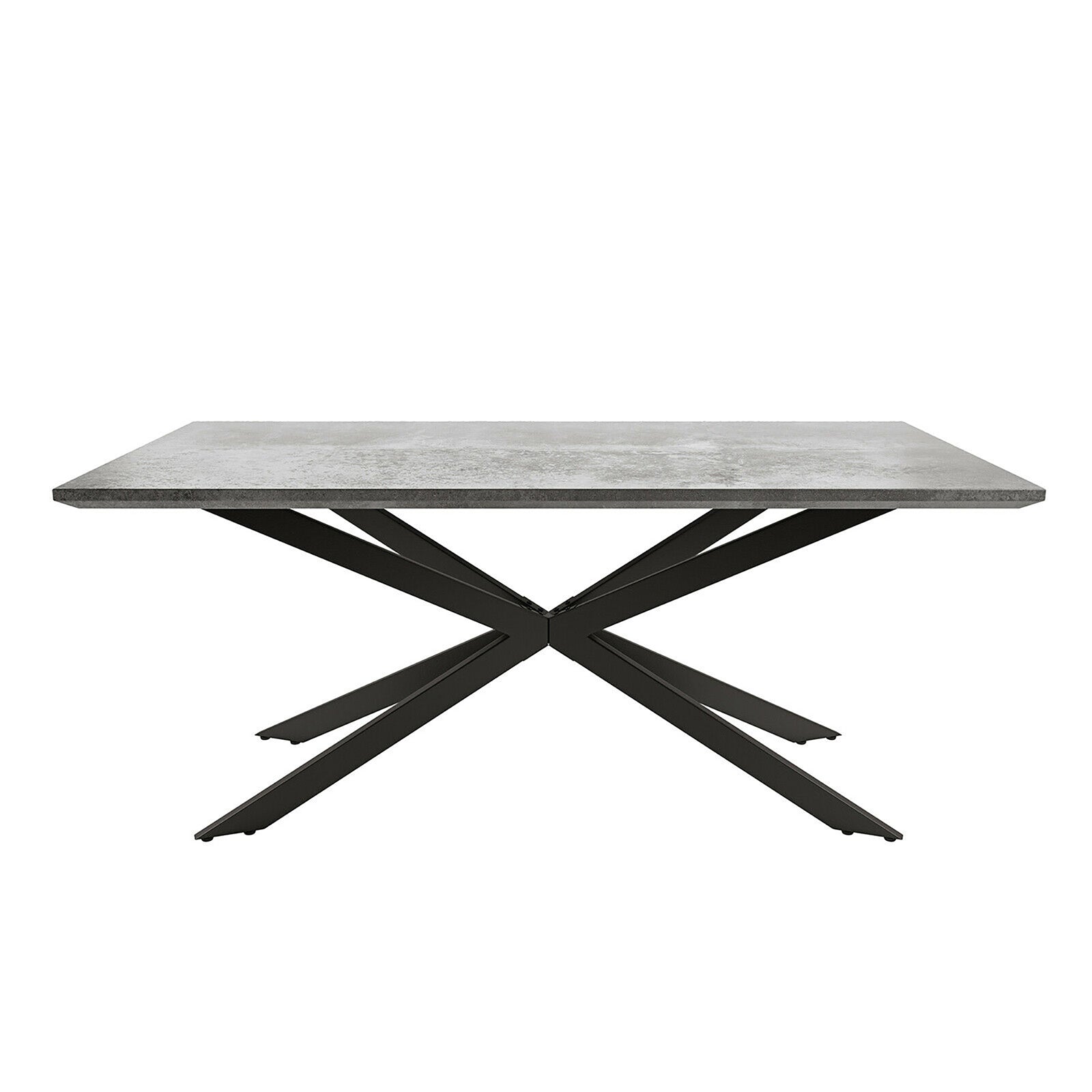 Alfred 180cm 6 Seater Pedestal Dining Table in Concrete features a sleek, rectangular tabletop on a striking black metal spider-leg base, embodying a modern, industrial aesthetic.