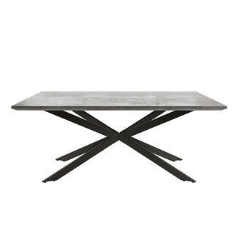 Alfred 180cm 6 Seater Pedestal Dining Table in Concrete features a sleek, rectangular tabletop on a striking black metal spider-leg base, embodying a modern, industrial aesthetic.