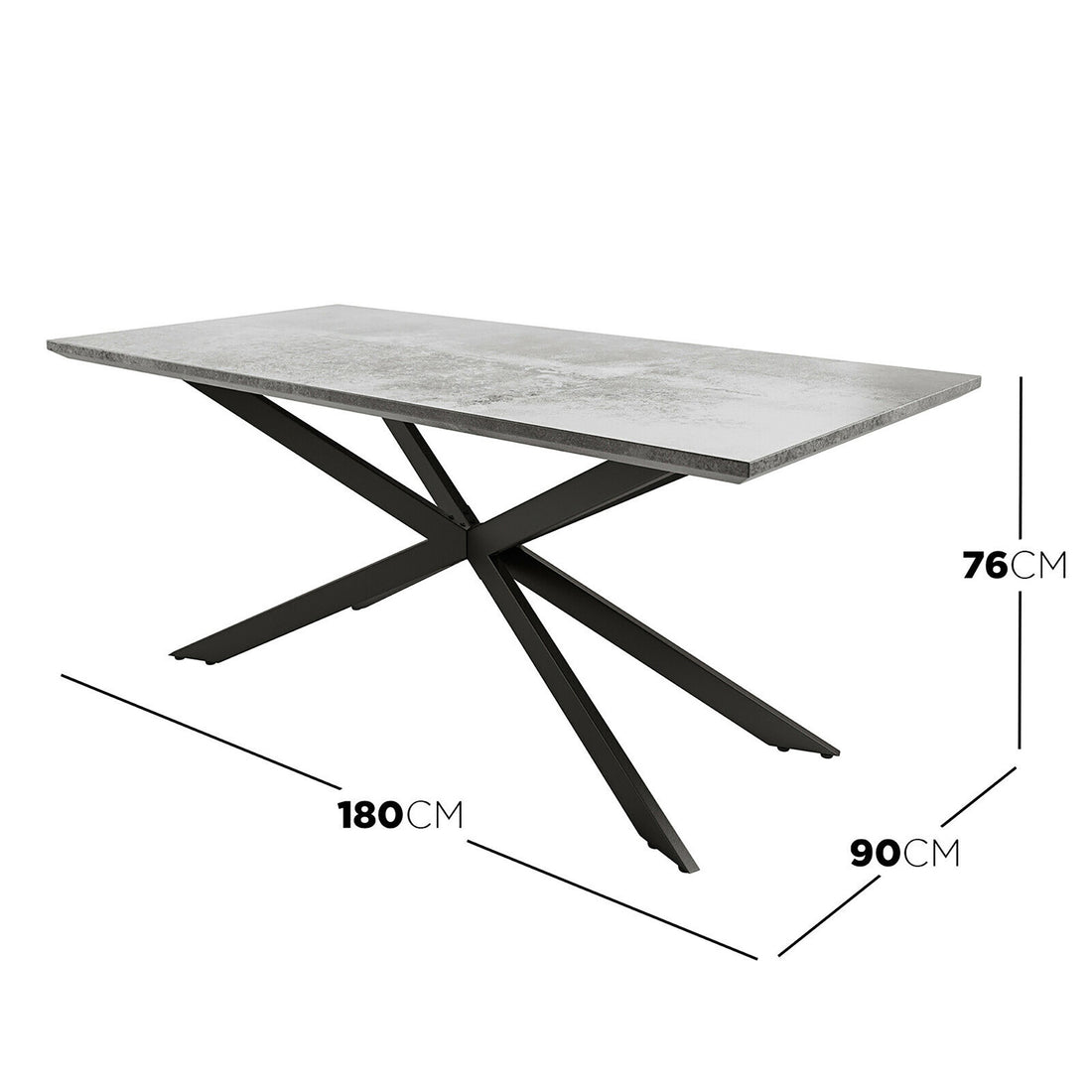 Alfred 180cm 6 Seater Pedestal Dining Table in Concrete features a modern rectangular stone-look top and a black criss-cross metal leg frame, comfortably seating 4-6 people, enhancing dining spaces stylishly.