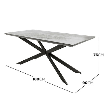 Alfred 180cm 6 Seater Pedestal Dining Table in Concrete features a modern rectangular stone-look top and a black criss-cross metal leg frame, comfortably seating 4-6 people, enhancing dining spaces stylishly.