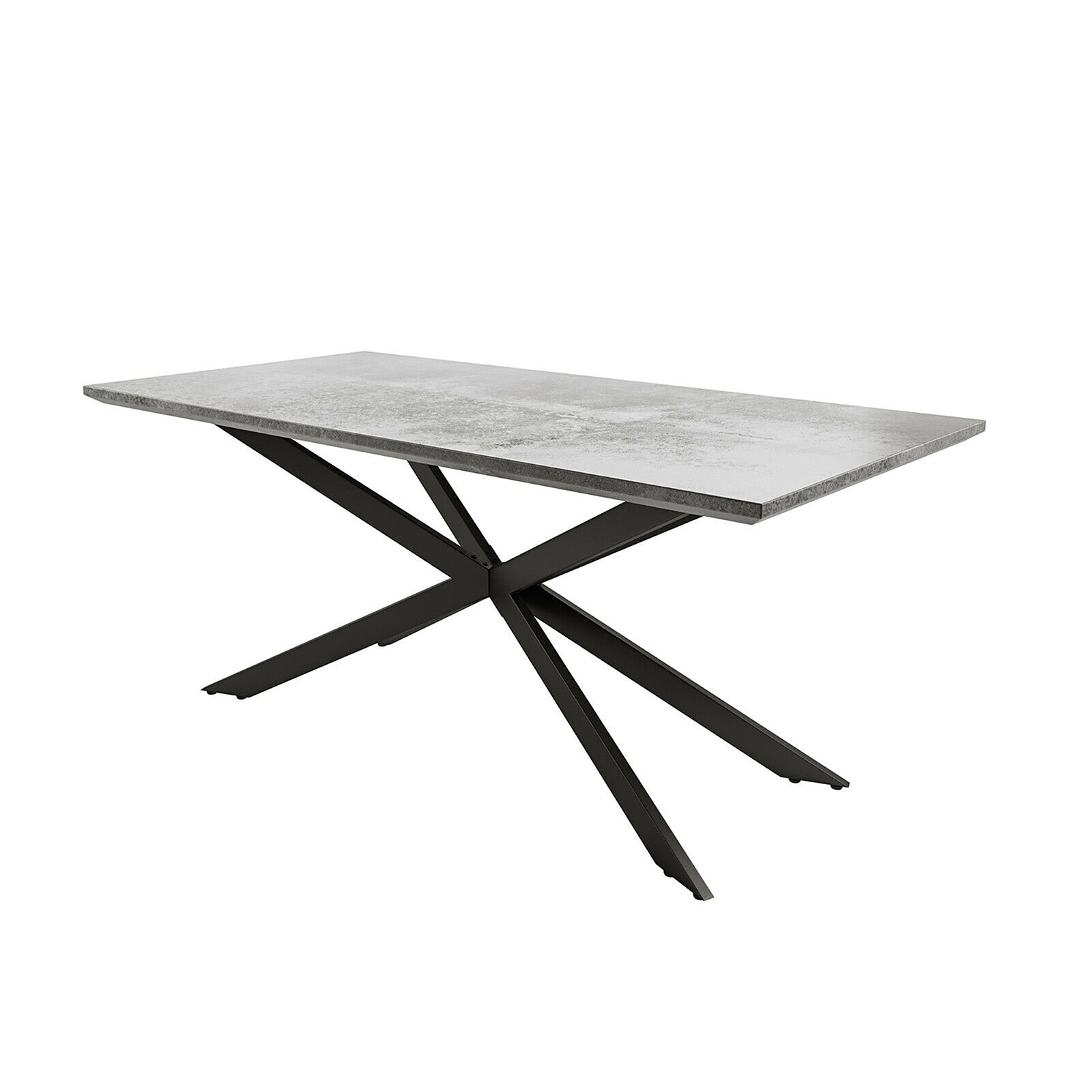 Alfred 180cm 6 Seater Pedestal Dining Table in Concrete features a grey stone-style top and black metal X-shaped base, providing a modern, artistic touch to dining spaces.