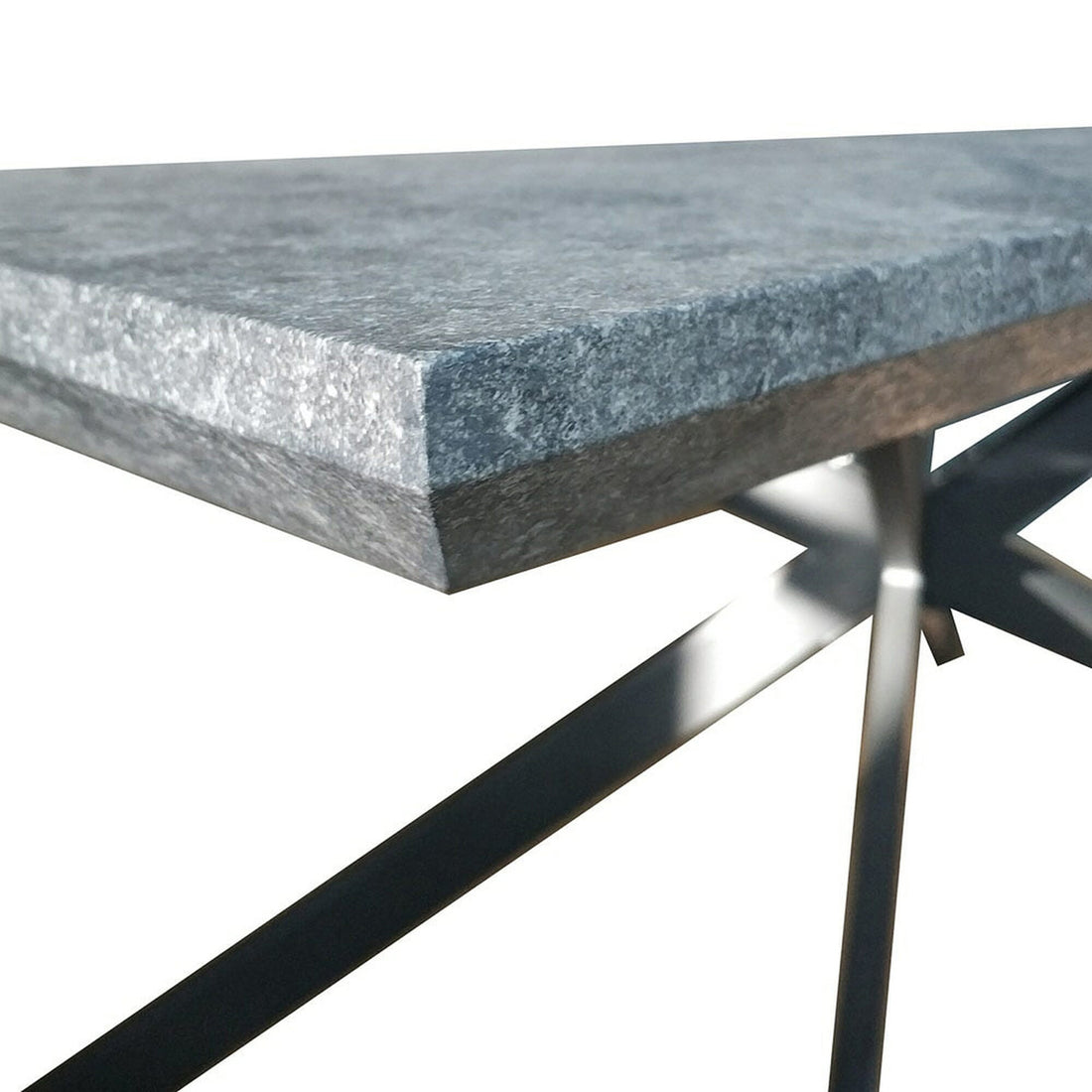 Alfred 180cm 6 Seater Pedestal Dining Table in Concrete features a thick, gray stone-like tabletop with black metal cross-brace legs, showcasing a modern and artistic design.