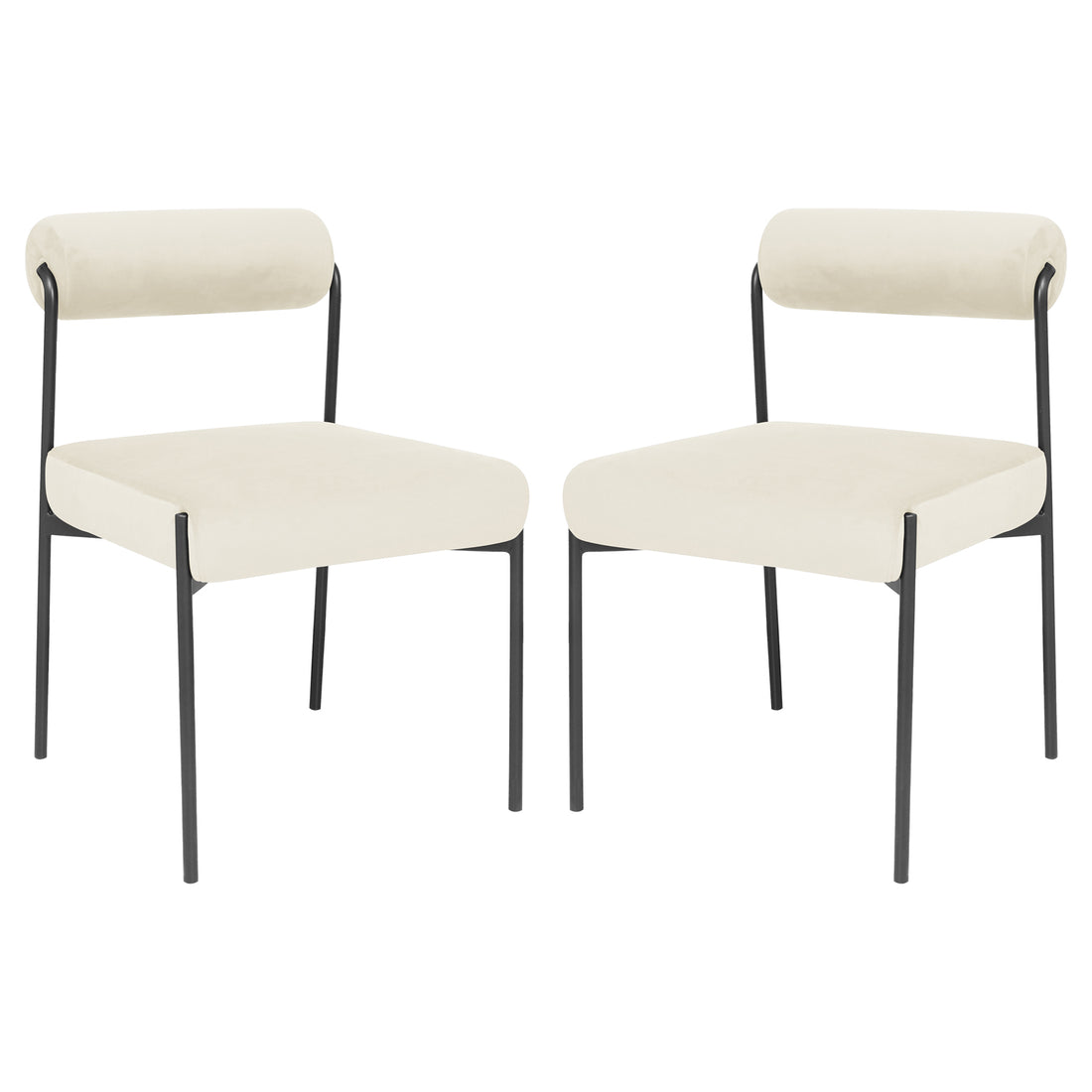 Alona Modern Velvet Dining Chair Set of 2 in Cream White features sleek black metal frames, cream upholstered seats, and cylindrical backrests, blending elegance and comfort for modern Australian dining spaces.