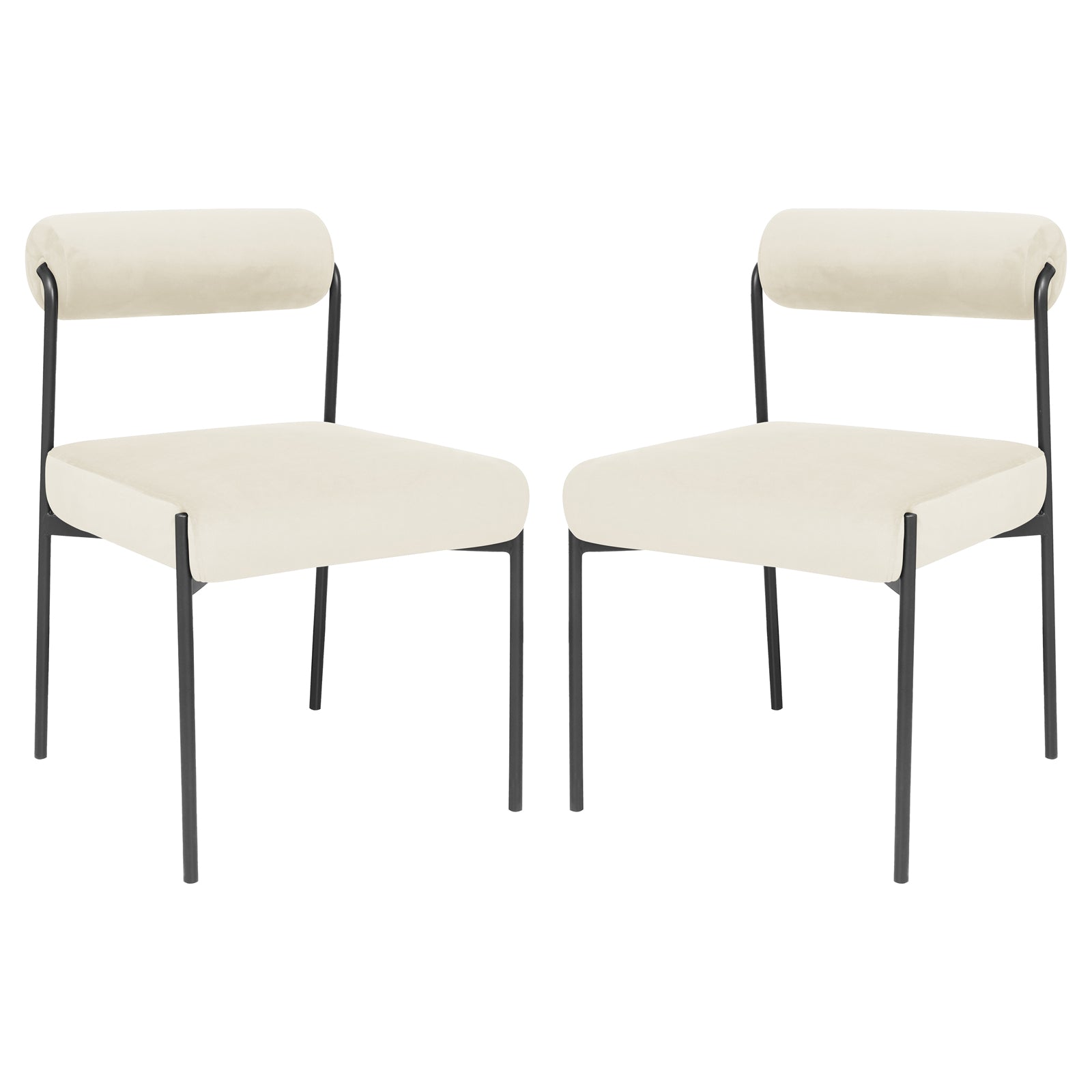 Alona Modern Velvet Dining Chair Set of 2 in Cream White features sleek black metal frames, cream upholstered seats, and cylindrical backrests, blending elegance and comfort for modern Australian dining spaces.