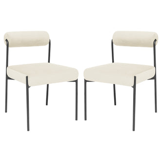 Alona Modern Velvet Dining Chair Set of 2 in Cream White features sleek black metal frames, cream upholstered seats, and cylindrical backrests, blending elegance and comfort for modern Australian dining spaces.