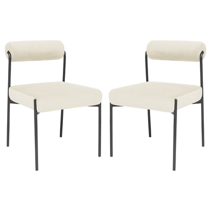 Alona Modern Velvet Dining Chair Set of 2 in Cream White features sleek black metal frames, cream upholstered seats, and cylindrical backrests, blending elegance and comfort for modern Australian dining spaces.