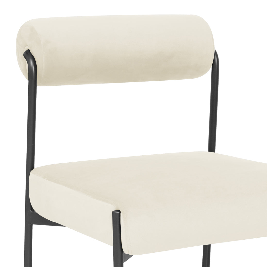 Alona Modern Velvet Dining Chair Set of 2 in Cream White features a sleek black metal frame, light-cream padded seat, and cylindrical backrest for a stylish, comfortable dining experience.