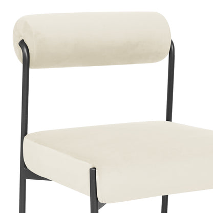 Alona Modern Velvet Dining Chair Set of 2 in Cream White features a sleek black metal frame, light-cream padded seat, and cylindrical backrest for a stylish, comfortable dining experience.