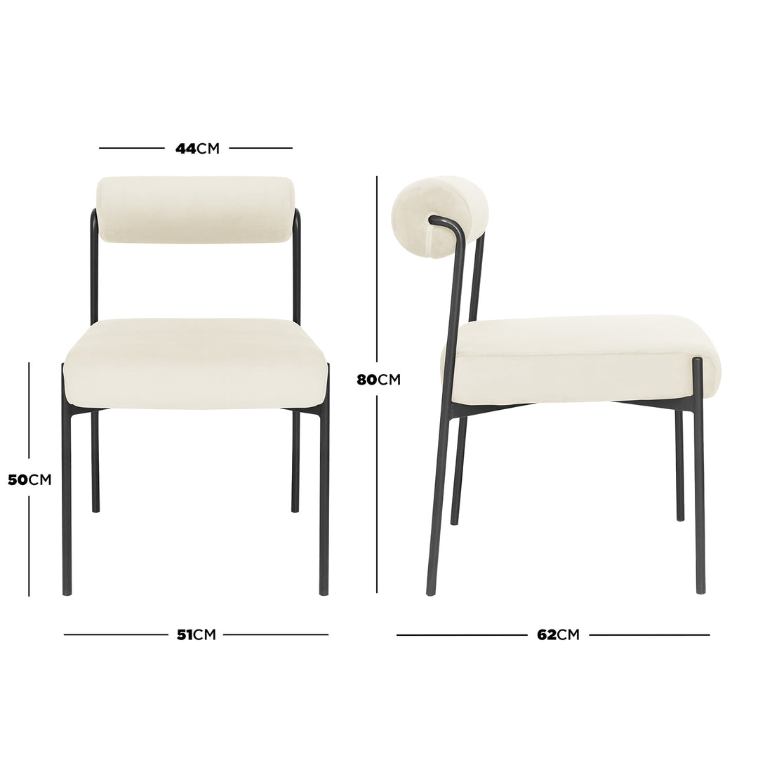 Alona Modern Velvet Dining Chair Set of 2 in Cream White, featuring a cream cushioned seat with a cylindrical bolster backrest on a sleek black metal frame, shown in front and side views.