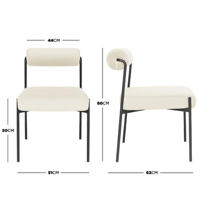 Alona Modern Velvet Dining Chair Set of 2 in Cream White, featuring a cream cushioned seat with a cylindrical bolster backrest on a sleek black metal frame, shown in front and side views.