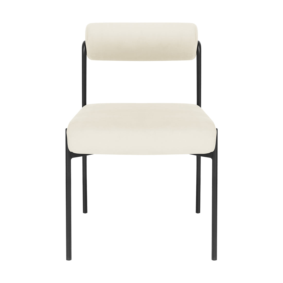 Alona Modern Velvet Dining Chair Set of 2 in Cream White, featuring a minimalist design with a slim black-metal frame, padded cream seat, and cylindrical backrest, exuding elegance and modern simplicity.