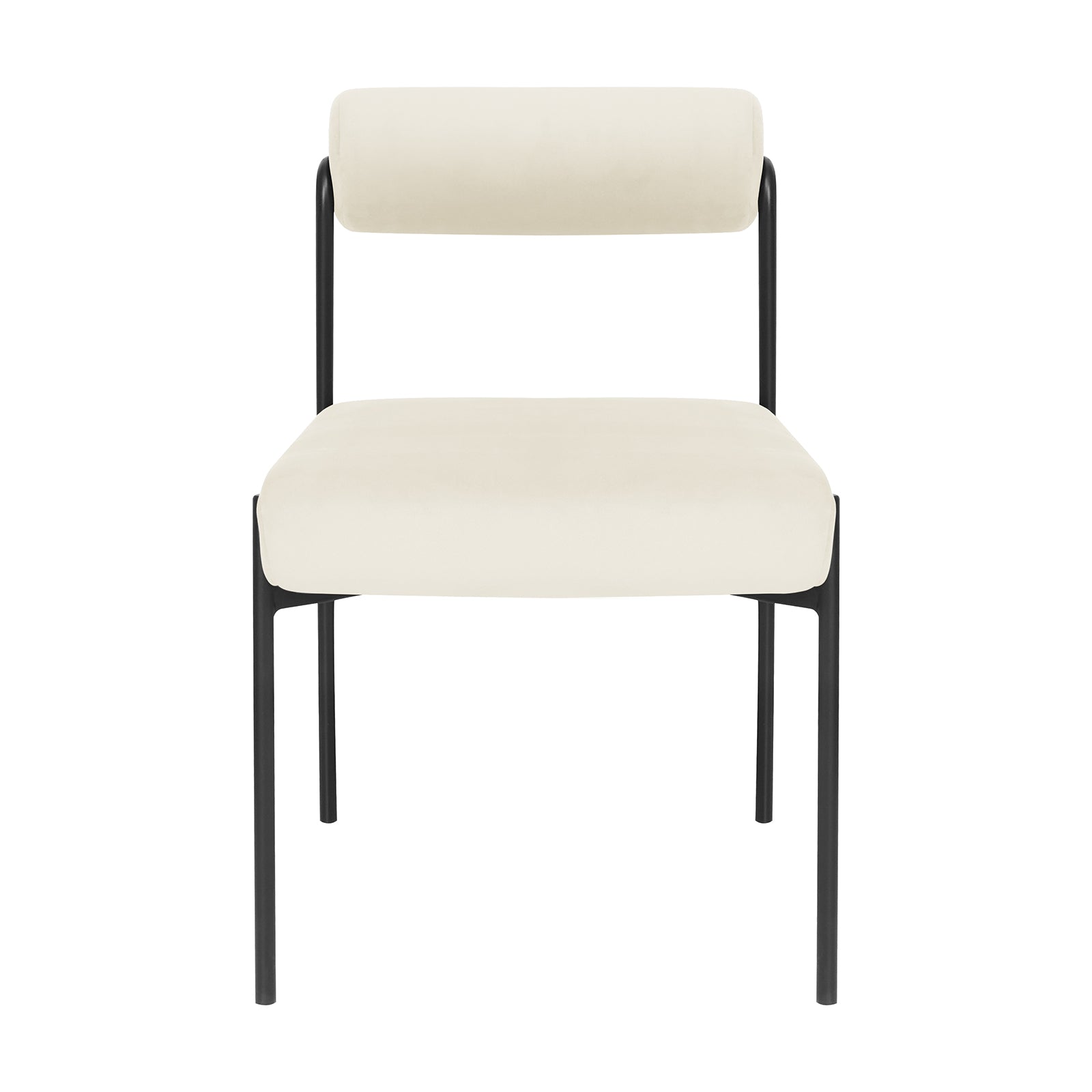 Alona Modern Velvet Dining Chair Set of 2 in Cream White, featuring a minimalist design with a slim black-metal frame, padded cream seat, and cylindrical backrest, exuding elegance and modern simplicity.