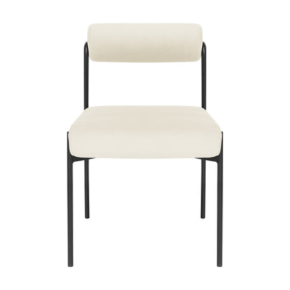 Alona Modern Velvet Dining Chair Set of 2 in Cream White, featuring a minimalist design with a slim black-metal frame, padded cream seat, and cylindrical backrest, exuding elegance and modern simplicity.