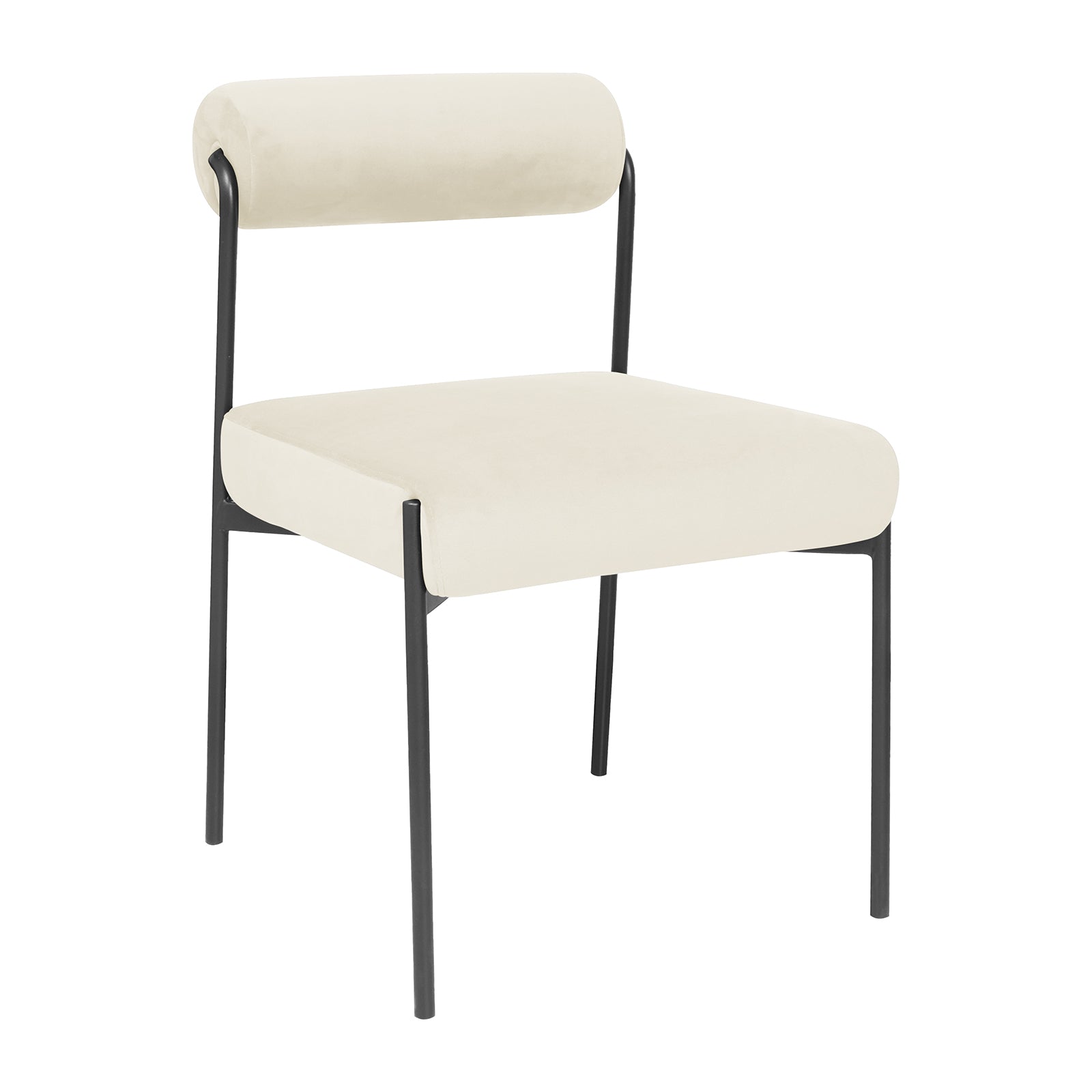 Alona Modern Velvet Dining Chair Set of 2 in Cream White features a minimalist design with cream-colored upholstered seats, cylindrical back cushions, and slender black metal legs and frame for a sleek look.