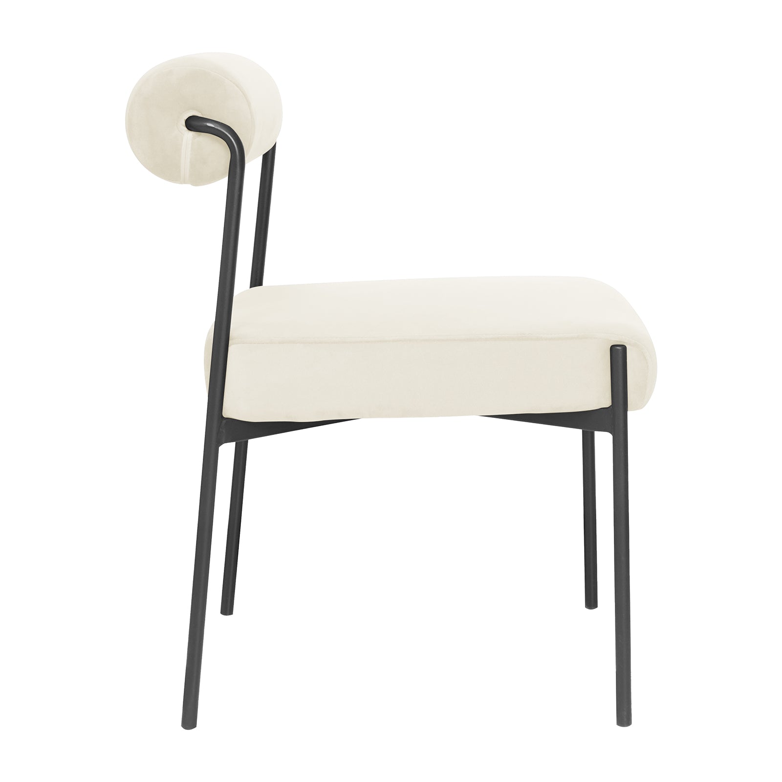 Alona Modern Velvet Dining Chair Set of 2 in Cream White; side chair with a black metal frame, angled back support, thick cream seat cushion, and matching cylindrical bolster backrest.