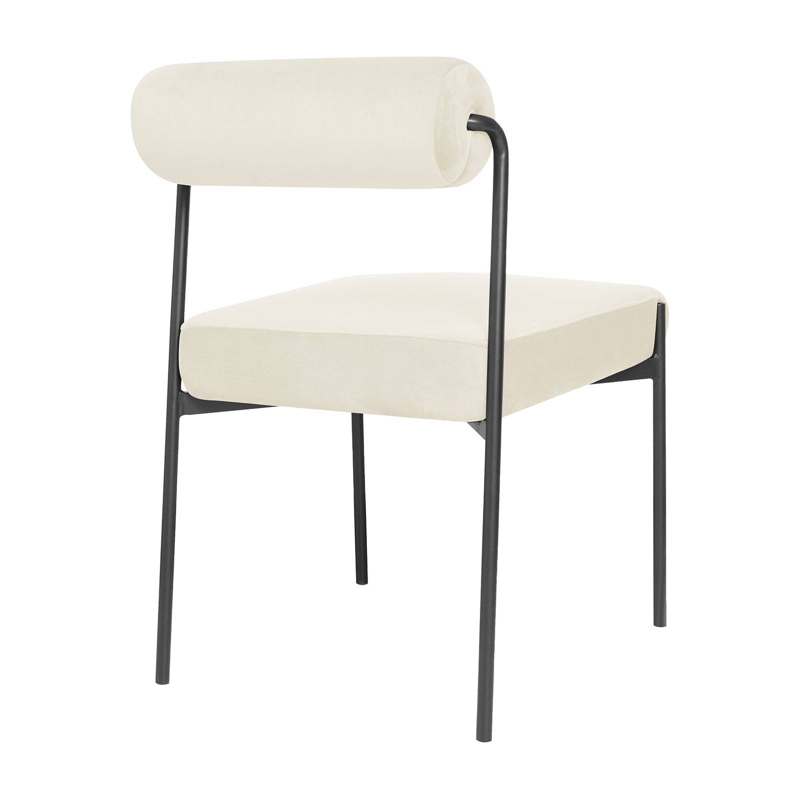 Alona Modern Velvet Dining Chair Set of 2 in Cream White features a slim black metal frame, cream-colored upholstered seat, and cylindrical bolster backrest, combining elegance with modern design for dining areas.
