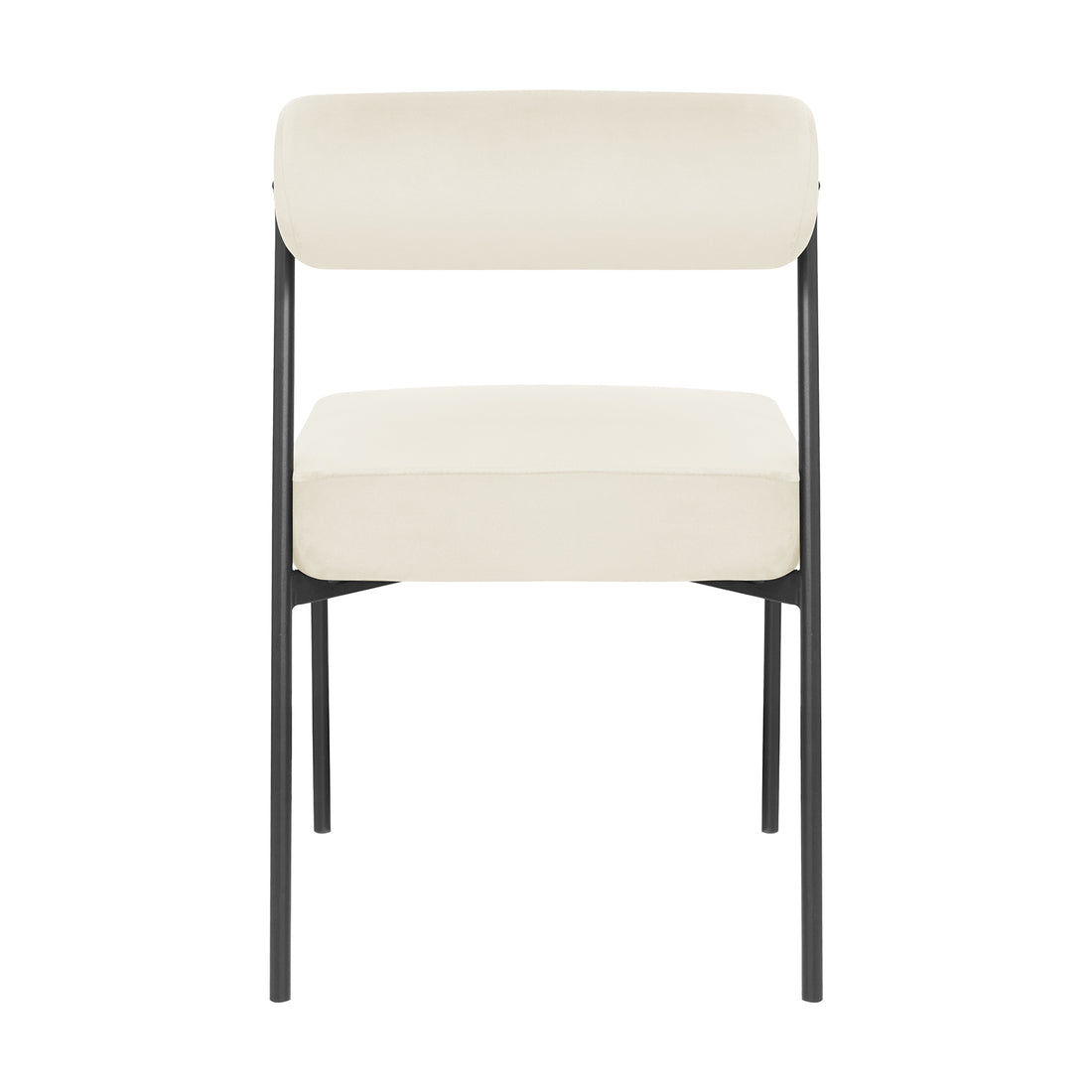 Alona Modern Velvet Dining Chair Set of 2 in Cream White features a slim black metal frame, light upholstered seat and cylindrical backrest, offering a sleek, minimalist design ideal for contemporary dining spaces.