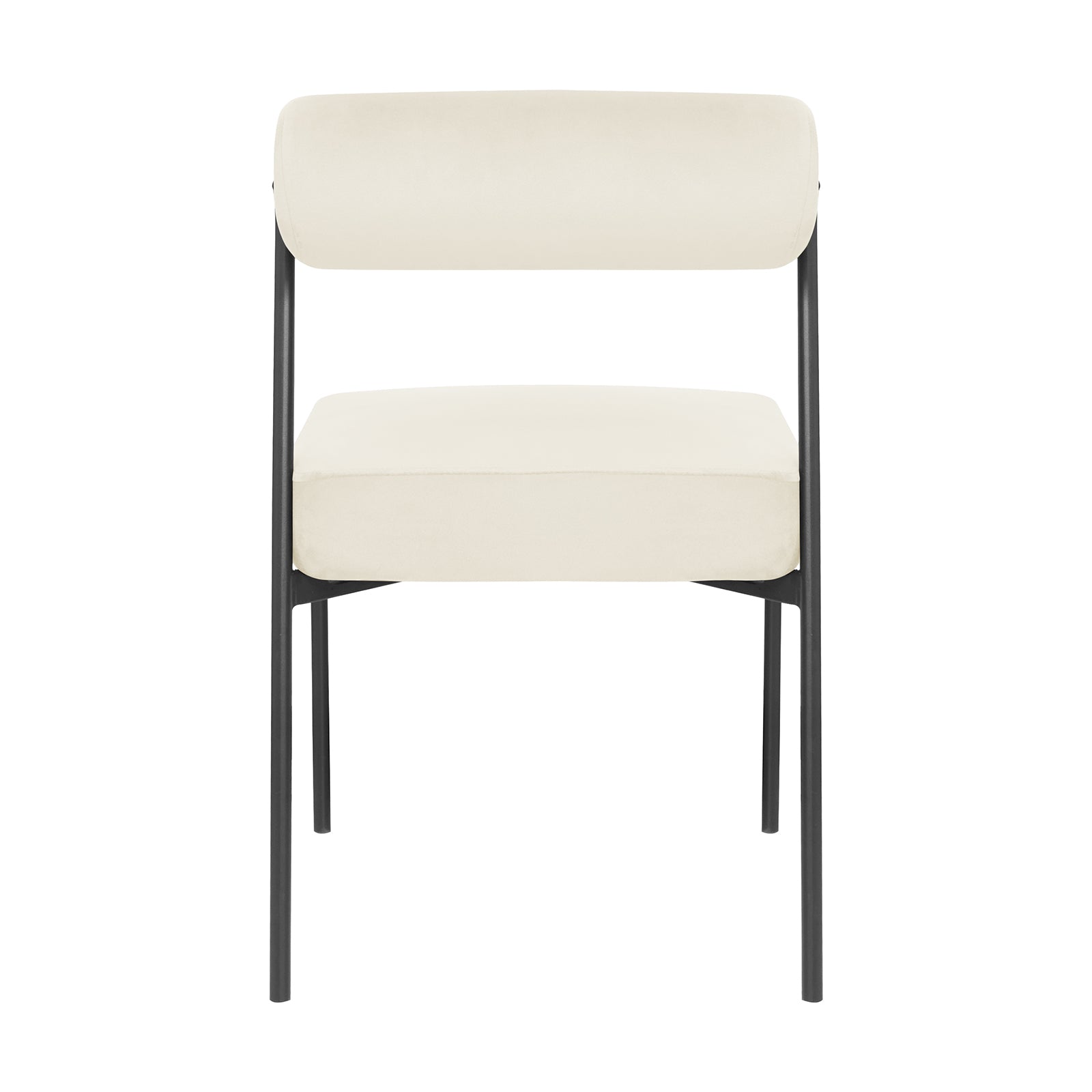 Alona Modern Velvet Dining Chair Set of 2 in Cream White features a slim black metal frame, light upholstered seat and cylindrical backrest, offering a sleek, minimalist design ideal for contemporary dining spaces.