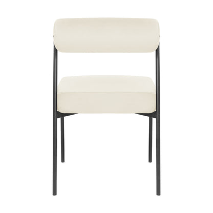 Alona Modern Velvet Dining Chair Set of 2 in Cream White features a slim black metal frame, light upholstered seat and cylindrical backrest, offering a sleek, minimalist design ideal for contemporary dining spaces.