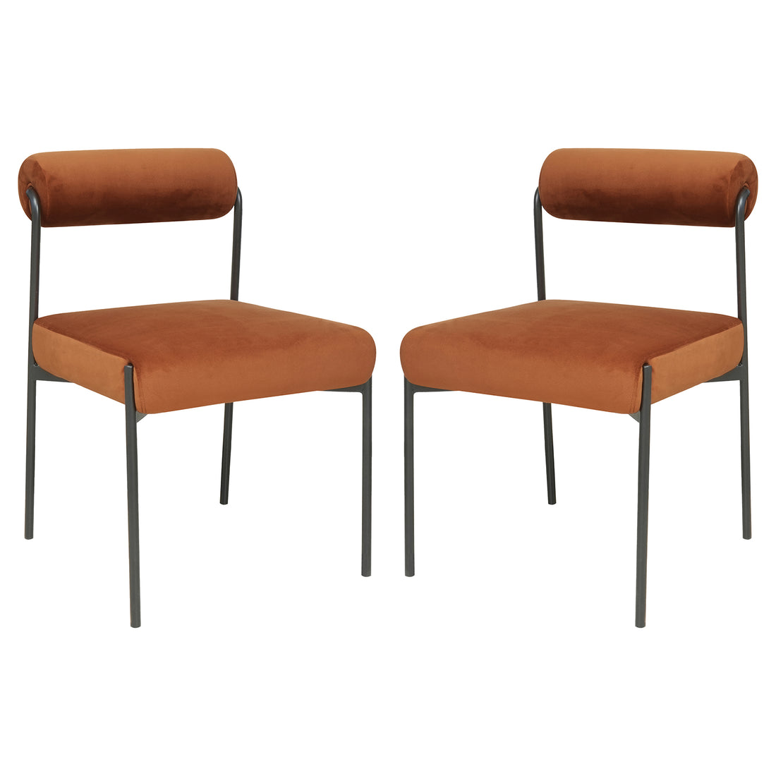 Alona Modern Velvet Dining Chair Set of 2 in Terracotta, featuring rust-orange velvet upholstery, curved cylindrical backrests, and square seats on slim, black metal legs, offering a sleek, modern look.