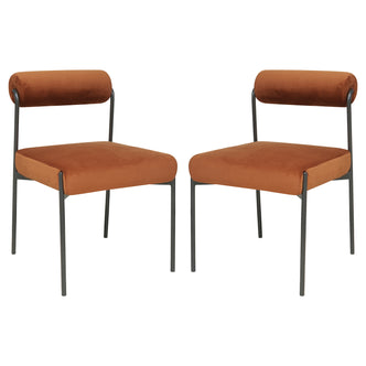 Alona Modern Velvet Dining Chair Set of 2 in Terracotta, featuring rust-orange velvet upholstery, curved cylindrical backrests, and square seats on slim, black metal legs, offering a sleek, modern look.