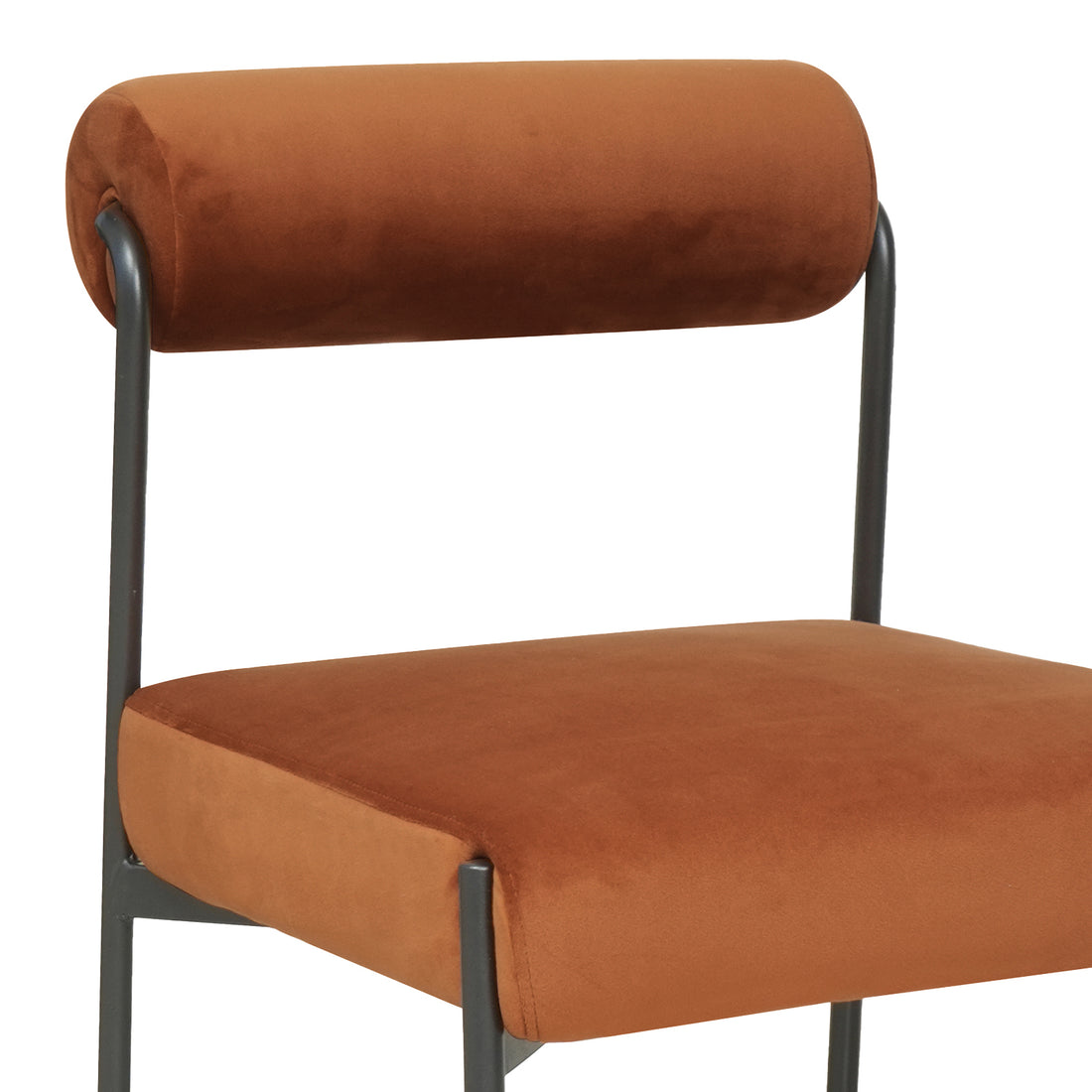 Alona Modern Velvet Dining Chair Set of 2 in Terracotta, featuring a plush rust-orange upholstered seat and cylindrical back, supported by a sleek dark metal frame, showcasing modern elegance and comfort.