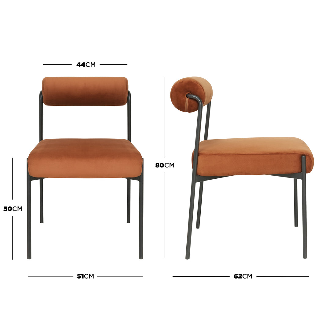 Alona Modern Velvet Dining Chair Set of 2 in Terracotta, featuring a rust-brown velvet seat and tubular backrest with sleek matte-black metal legs, shown from front and side angles.